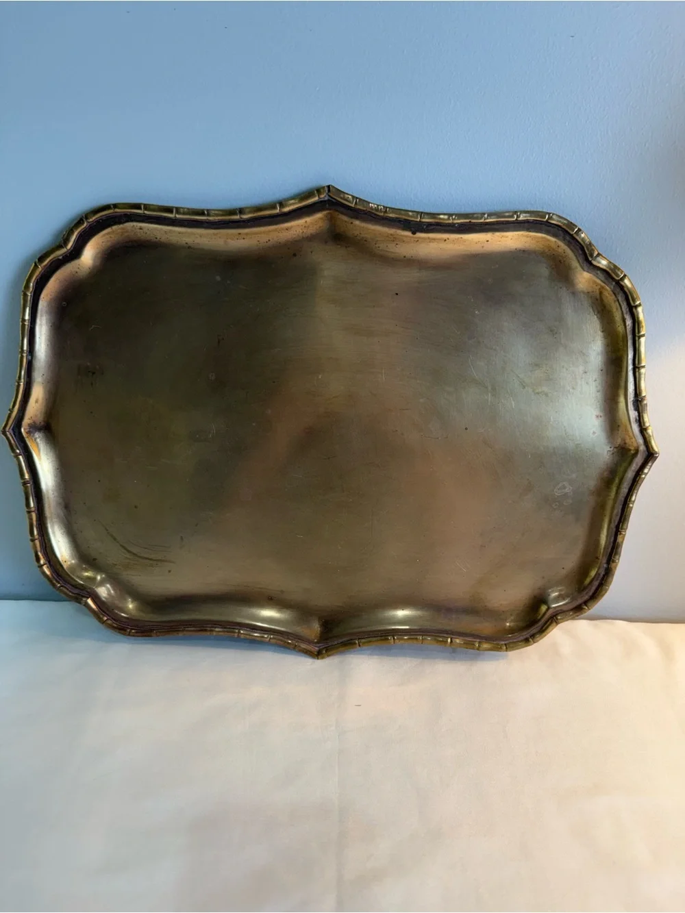 Vintage Oval Brass Tray Featuring A Distinctive Faux Bamboo Edge. Made In India